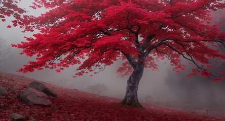 Vibrant Red Tree in Misty Autumn Landscape Nature Photography for Design and Decor