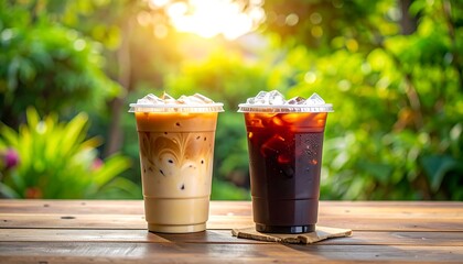 Iced coffee drinks on wooden table, blurred garden background