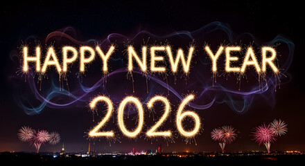 Happy new year 2026 celebration, colorful fireworks over the city, glowing sparkles, greeting card, background, poster, postcard, banner, calendar, design template.      