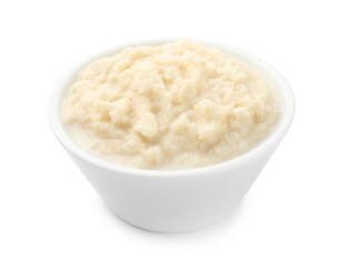 Tasty horseradish sauce in bowl isolated on white