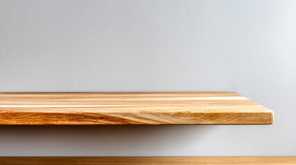 Wood shelf against a light gray wall serves as a modern, minimal mockup backdrop for product staging, branding, website headers.