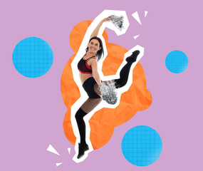 Magazine cutout of beautiful cheerleader with pom poms jumping on color background. Stylish poster