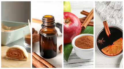 Cinnamon oil, powder and sticks. Drink and pastry with added spice. Collage of pictures