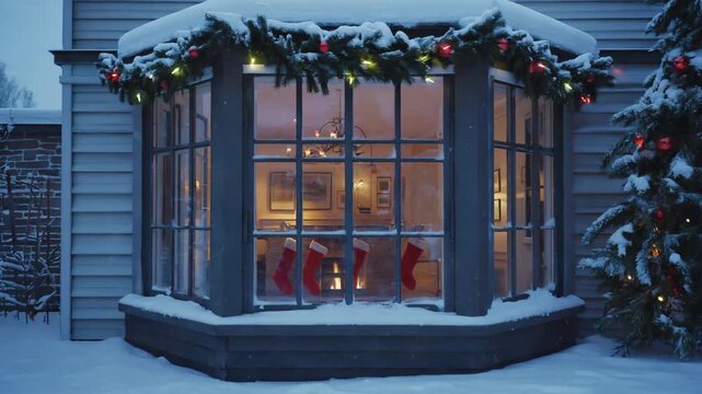 Verschneites Hausfenster mit Weihnachtsdeko und Kaminfeuer