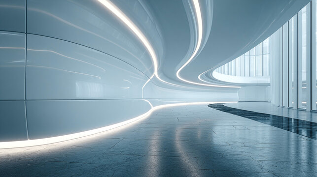 Light blue minimalist interior reflects light, forming a modern abstract video background for corporate branding and virtual office wallpaper.