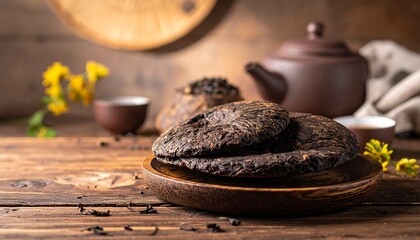 Dark, round tea cakes on wooden platter, surrounded by teaware and flowers