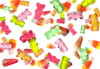 Different jelly candies falling against white background