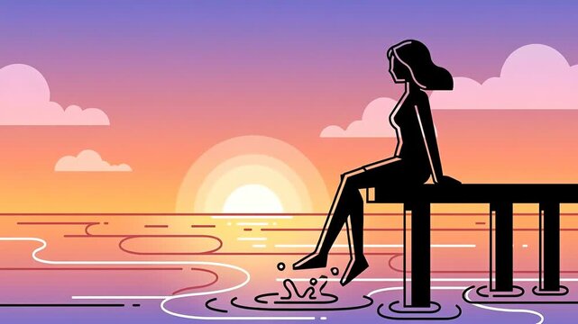 Silhouette Serenity - Woman on Dock at Sunset Illustration.