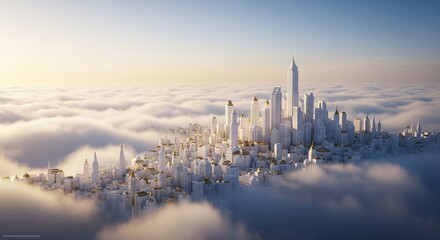 Obraz premium Aerial View of a Futuristic City Above the Clouds Dreamlike Metropolis Skyline, Sunrise