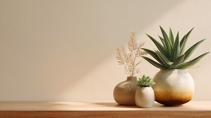 Beige surface features soft light, plants, and smooth textures. Ideal for product photography, zoom virtual background, or corporate website header.