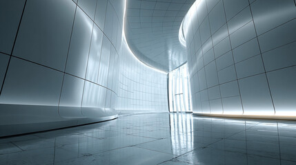 Fototapeta premium White tiled wall reflects light, creates a modern look. Ideal backdrop for office spaces, Zoom virtual meetings, and corporate branding.