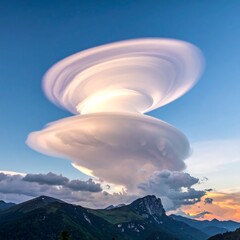 Whimsical cloud formations over mountains