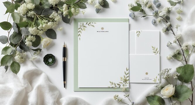 Elegant Stationery Mockup with Floral Decor and Pen