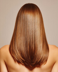 Back view of glossy brown hair cascading straight to shoulder level, smooth texture, even sheen, and clean styling creating a sleek, minimal portrait look.