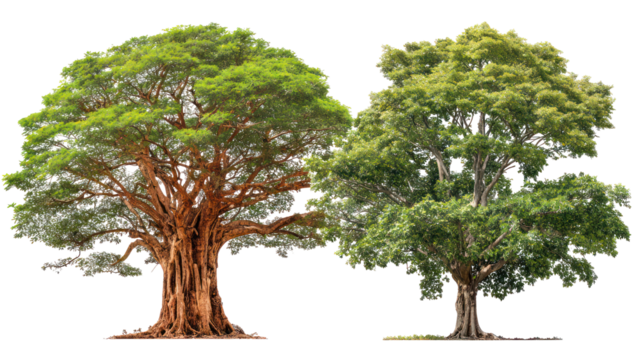 Teak tree and mahogany tree side by side with hardwood trunks on white background