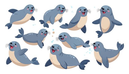 Cute cartoon seals in various poses