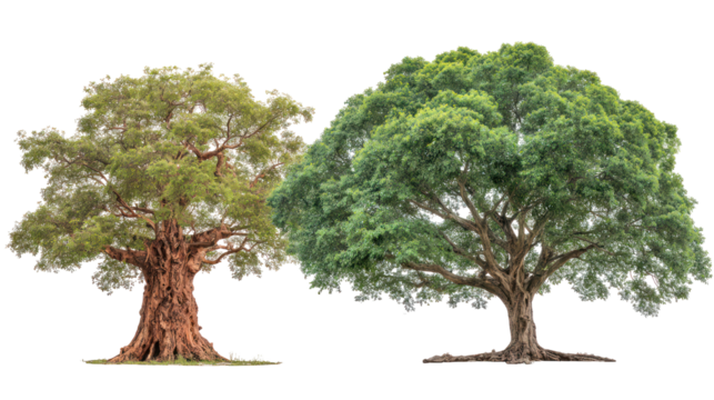 Teak tree and mahogany tree side by side with hardwood trunks on white background