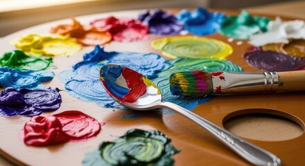 An artist's wooden palette filled with vibrant oil paints, a paintbrush, and a spoon mixing colors.