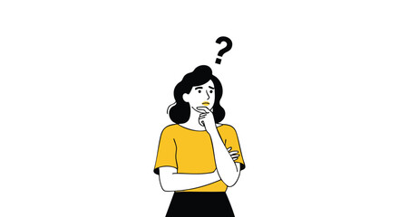 Confused woman with question mark above head needs answers, perfect for problem solving and solution concepts