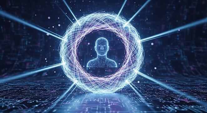 Abstract digital representation of artificial intelligence and human form integration connecting - Powered by Adobe