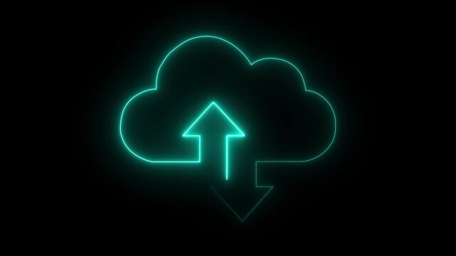 Cloud computing glowing neon Downloading .Neon cloud icon animation, color flicker. Glowing neon cloud storage with arrows, Cloud computing glowing neon Downloading icon animation.Cloud computing .4k