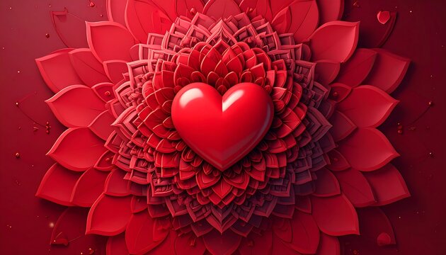 A central glossy heart rests within a layered, symmetrical red floral design with subtle depth, creating a romantic and artistic visual