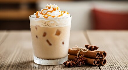 Iced latte delight with caramel drizzle and cinnamon spice accent
