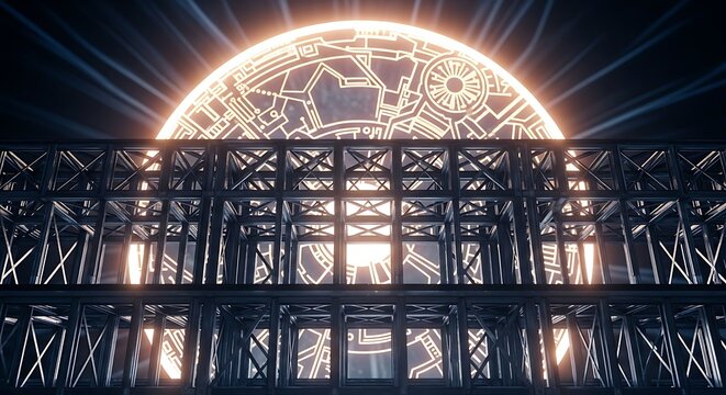 Architectural grid with luminous celestial sphere evoking futuristic technology design