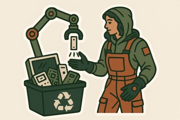 Obraz premium Innovative recycling process illustrated through a digital artist depicting a focused worker engaging with robot technology for electronic waste management emphasizing sustainability and