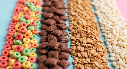 Assortment of colorful breakfast cereals arranged in neat rows.