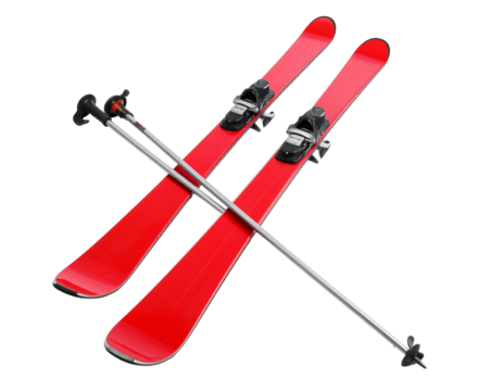 Ski set with red skis and poles on a white background.