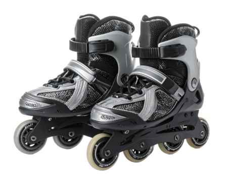 Two pairs of inline roller skates on a white background.