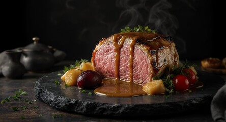 Roast Beef with Sauce and Vegetables, Gourmet Food Photography, Delicious Meal