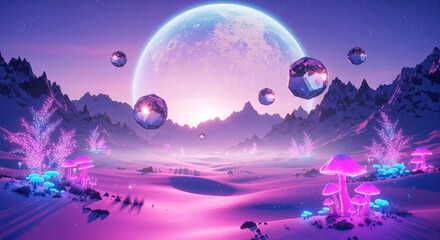 Fototapeta premium Mystical alien landscape with glowing mushrooms and floating gems