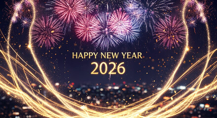 Happy new year 2026 celebration, colorful fireworks over the city, glowing sparkles, greeting card, background, poster, postcard, banner, calendar, design template.                                    