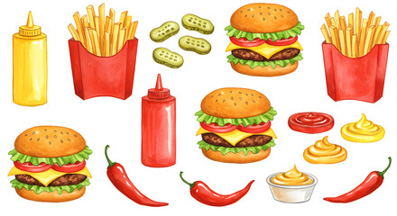 Colorful watercolor burger and fast food clipart set