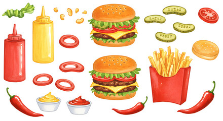 Colorful watercolor burger and fast food clipart set