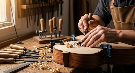 Artisan's hands meticulously crafting guitar sound hole in woodworking shop environment