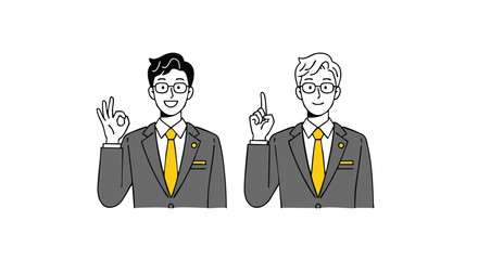 Confident businessmen in suits giving positive gestures for success and ideas in professional settings