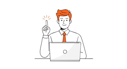 Man with idea, pointing finger up with laptop, representing innovation and business success