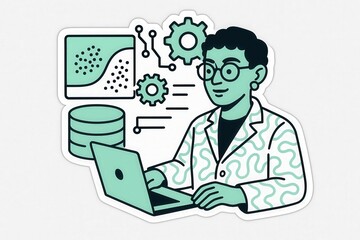 Image of a confident researcher engaged in data analysis while utilizing a laptop surrounded by illustrative elements representing innovation and technology for scientific advancement