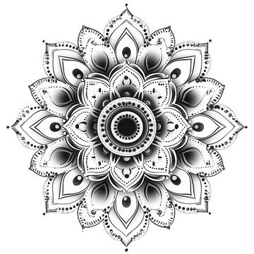 Intricate black and white mandala design with detailed floral patterns and symmetrical geometric elements isolated on transparent background