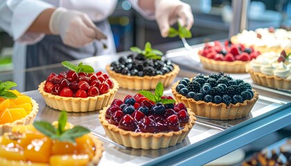 Obraz premium Delicious Fruit Tarts A Baker's Showcase of Sweet Treats