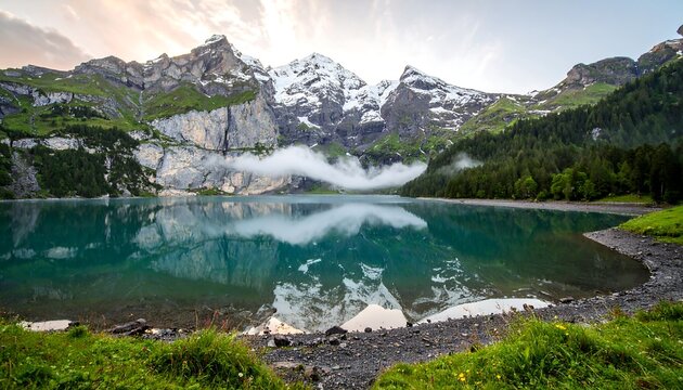 Majestic alpine lake at dawn, reflecting snow-capped peaks