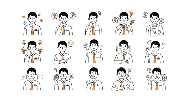 Diverse business person emotions and ideas captured in illustrative icons for professional use