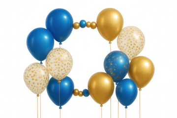 Festive blue and gold balloons forming celebratory circular arrangement, floating against transparent background for party decorations and event styling