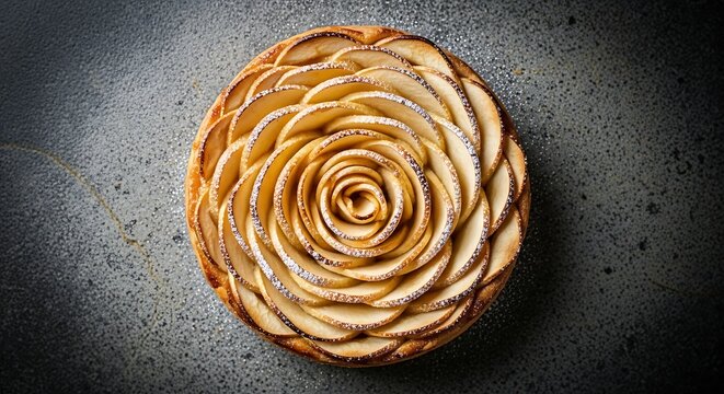 Artisanal apple tart with a floral design, showcasing culinary artistry and baking skill in detail