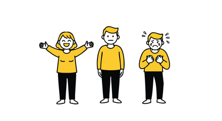 Emotions shown by characters with happy, neutral, and sad faces reflecting joy, indifference, and sorrow