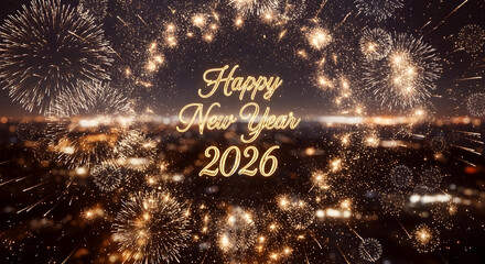 Happy new year 2026 celebration, colorful fireworks over the city, glowing sparkles, greeting card, background, poster, postcard, banner, calendar, design template.      