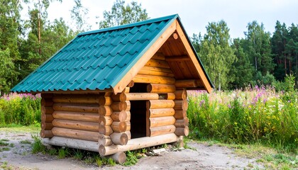 Wooden dog house in a field